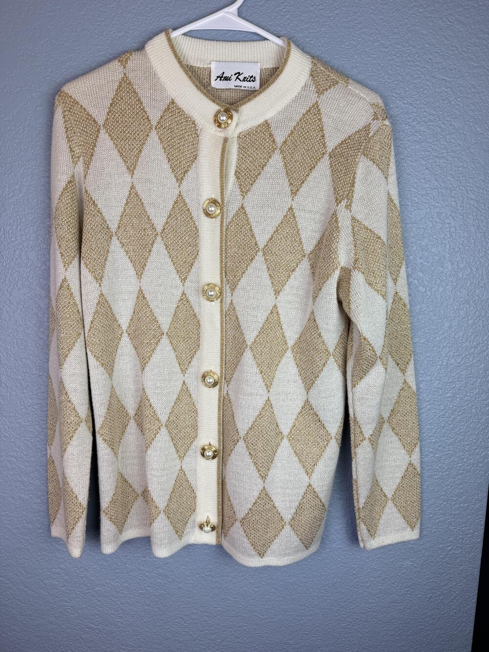 Vintage Ami Knits Cardigan Sweater Womens 10 White Gold Argyle Pearl Button 80s